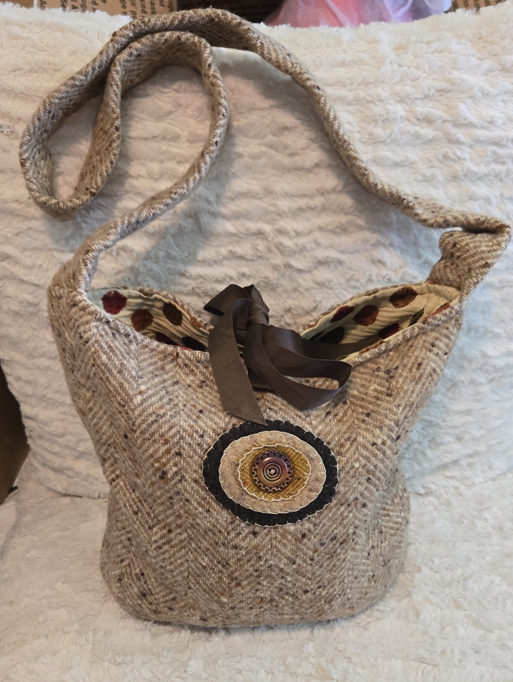 Needles Beige Tweed Shoulder Bag with Decorative Medallion
